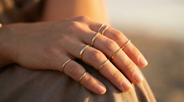 Female hand decorated with many thin gold rings. Warm golden hour light creates soft serene mood. Perfect for jewelry and skincare advertising.