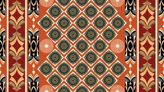 Vibrant Modern Art Deco Seamless Pattern with Golden Rosette and Diamond Motifs on Terracotta Red Background Vector
