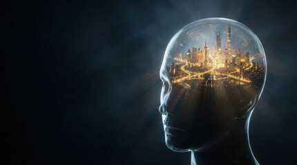 Obraz premium Transparent human head silhouette reflecting a glowing, modern cityscape at night