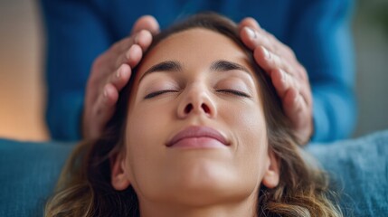 Naklejka premium A woman experiences the healing benefits of reiki, promoting relaxation and a sense of inner peace.