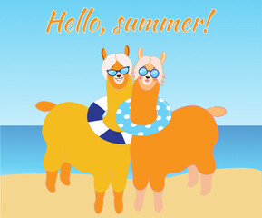 Naklejka premium Cute couple of llamas in sunglasses on the beach, hello summer