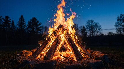 Fototapeta premium A bright and warm campfire burns vigorously in a stone ring at dusk with trees in the background