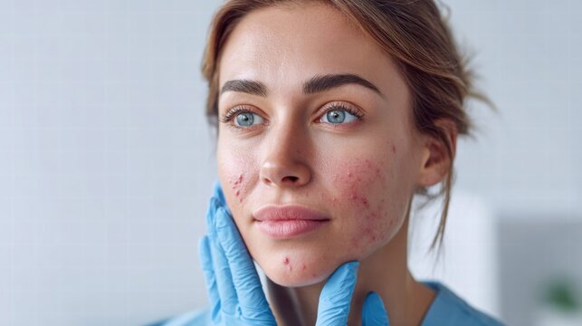 A woman with skin issues touches her face, possibly indicating concern or a medical examination.