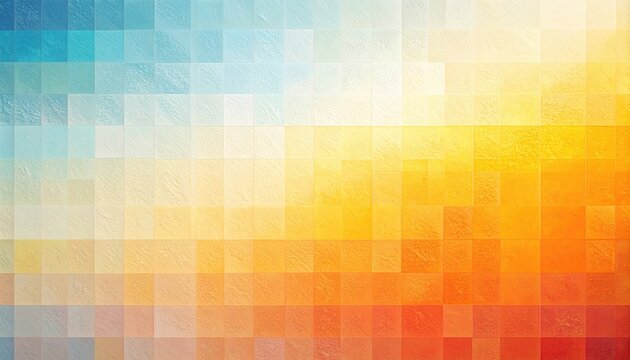 Fondo abstracto de mosaico digital con degradado vibrante de azul claro a naranja intenso y amarillo.