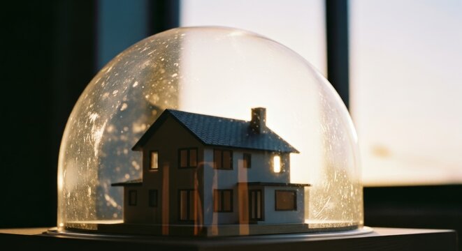Miniature house model inside glass dome with sunset background