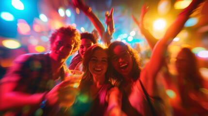 Obraz premium Friends celebrating, excitement and joy, dynamic movement, colorful lighting, lifestyle moment, defocused background, copy space