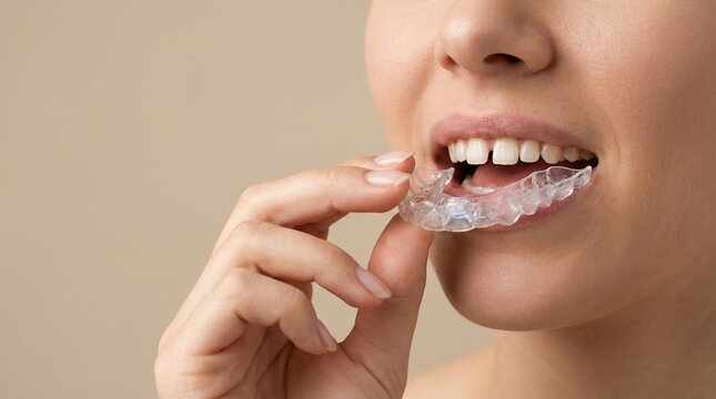 A woman holds a transparent dental aligner near her mouth. It shows modern orthodontic treatment for teeth alignment and gap correction. Perfect for dental clinic ads and health articles.