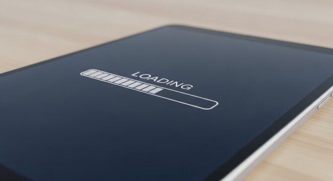 Close-up of smartphone with loading screen on wooden desk