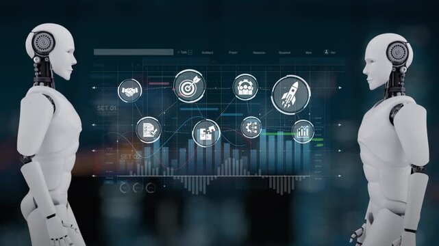 Two humanoid robots engage in a data analysis scenario with digital graphs and icons that illustrate business and technological concepts, reflecting innovation. Synapse