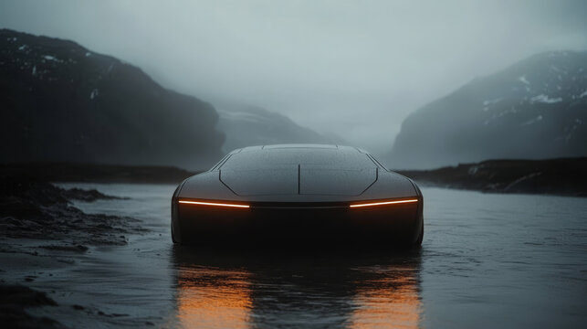 Futuristic electric car driving through a misty, watery landscape at dusk