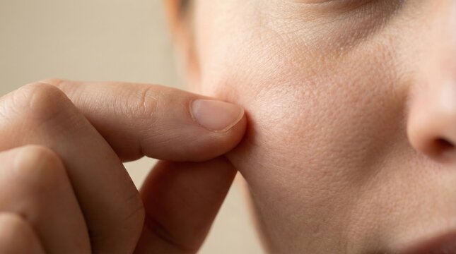 Close up shot of a woman pinching her cheek skin. This image highlights skin texture, pores, and elasticity concerns. Ideal for dermatology, skincare blogs, and beauty product marketing.