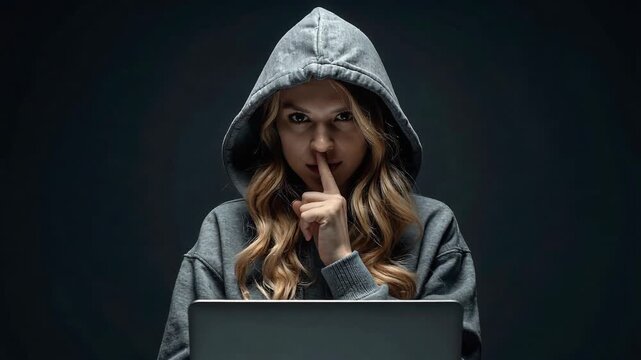 Female hacker in hooded sweatshirt holding silence gesture while using laptop symbolizing covert cyber activity