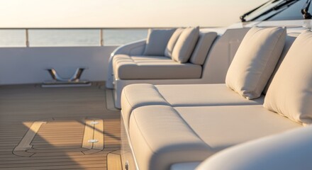 Fototapeta premium Luxury yacht deck with plush seating at sunset