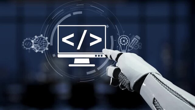 A robotic hand points at a computer screen filled with coding symbols and technology icons, highlighting the intersection of artificial intelligence and digital innovation. Synapse
