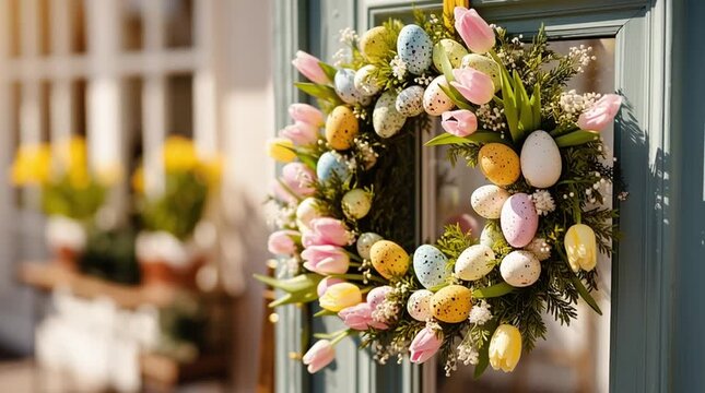Decorative easter wreath with pastel eggs and pink tulips hanging on teal front door, festive spring holiday home entrance concept
