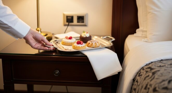 Room service waiter placing dessert tray on hotel bedside table