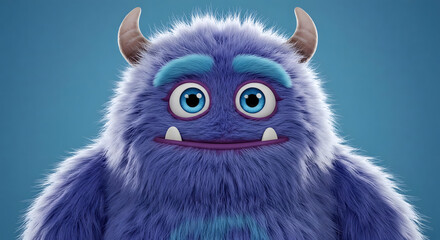 Obraz premium Blue furry monster with big eyes and small horns looks directly at the camera in a blue background setting