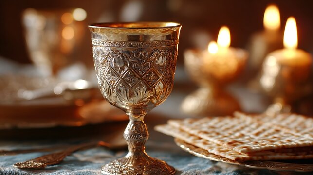 Passover seder background with ornate silver kiddush cup, matzah crackers, and warm candlelight. Festive Jewish holiday table setting symbolizing tradition and freedom.