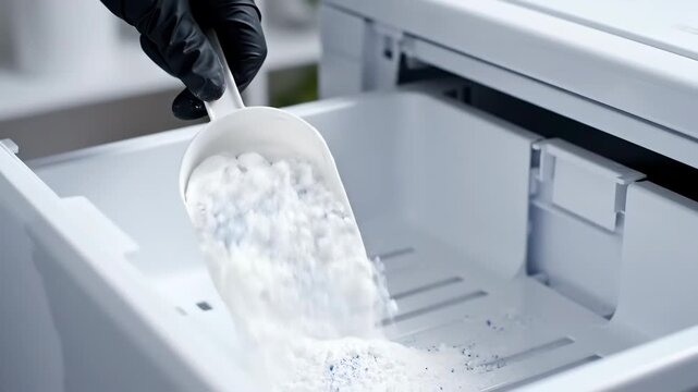 A black glove holds a scoop of oxygen bleach powder above a washing machine drawer for stain removal and bright white laundry care.