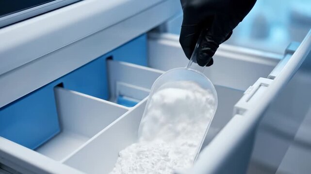 A black glove holds a scoop of oxygen bleach powder above a washing machine drawer for stain removal and bright white laundry care.