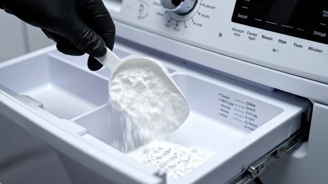 A black glove holds a scoop of oxygen bleach powder above a washing machine drawer for stain removal and bright white laundry care.