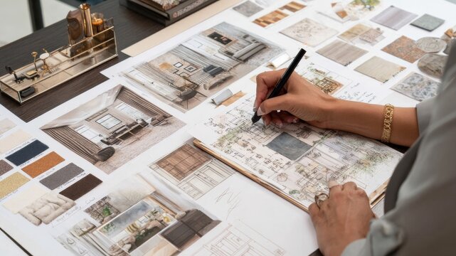 Interior designer sketching a modern living room design with material samples on table