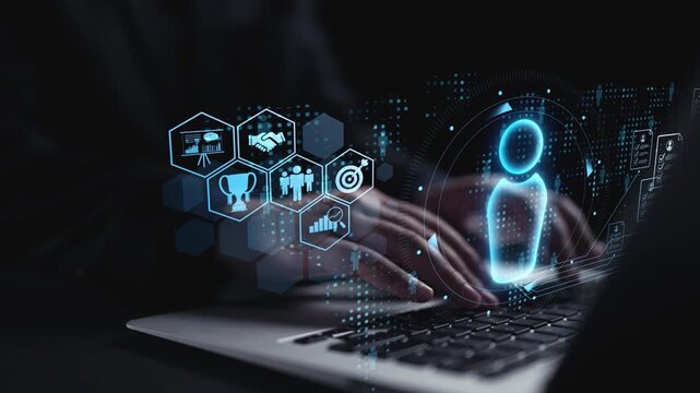 A close-up view of hands typing on a laptop, showcasing a vibrant digital interface with icons and graphs that symbolize technology and modern communication in a seamless workspace. Qubit