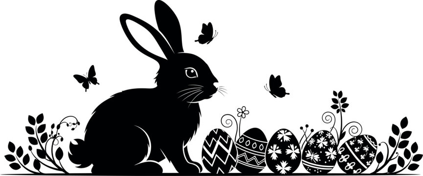 Adobe Illustrator Artwork Easter day silhouette charming rabbit with easter eggs and butterflies festive spring holiday