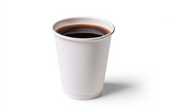 Freshly brewed coffee in a disposable white paper cup with foam on top
