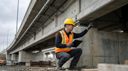 Fototapeta premium civil engineer in hard hat and safety vest using digital tablet to inspect concrete bridge structure at construction site for infrastructure maintenance and architectural planning