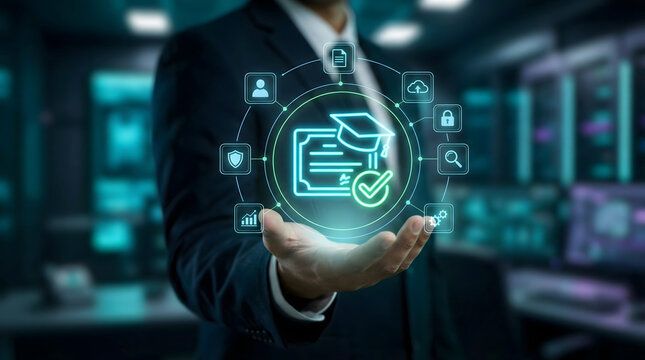 businessman holding glowing digital graduation cap and certificate icon for online education e-learning certification and professional development in corporate server room background