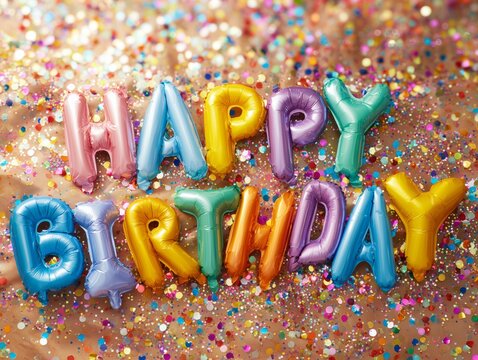 Celebrate With Colorful Balloons Saying Happy Birthday on a Shiny Surface Filled With Confetti
