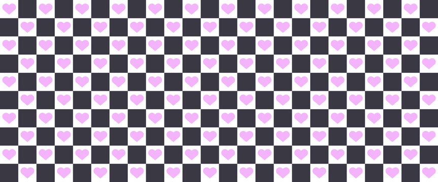 Heart checkerboard background in pink and black colors. Checkered pattern with chess elements and retro plaid