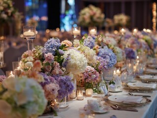 Naklejka premium Beautiful Flower Arrangements Decorate a Table for a Wedding Celebration in the Evening