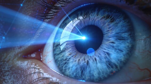 Entering left probe emitting blue beam, scanning blue eye undergoing iris mapping at clinic for ID