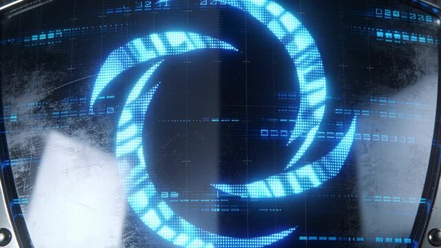 Start rotating blue five-arm spiral emblem pulsing, shifting on bezel with rivets and smoke patch