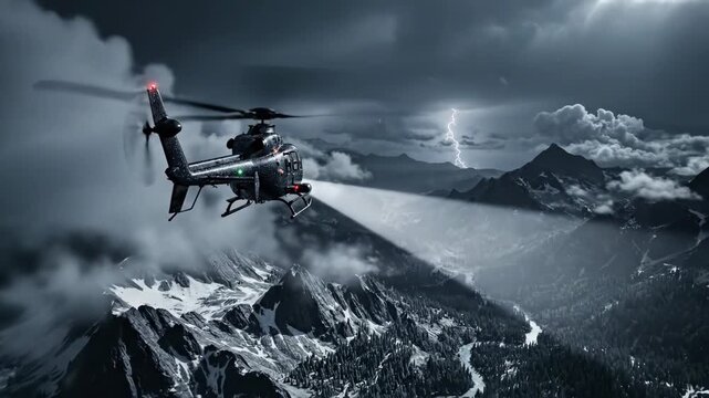 A helicopter cuts through heavy dark clouds, its searchlight piercing the gloom to illuminate the terrain far below in sweeping beams.