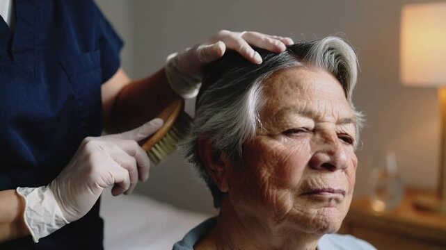 Picking wooden brush, gloved caregiver in navy scrub brushing senior gray hair at bedside for care