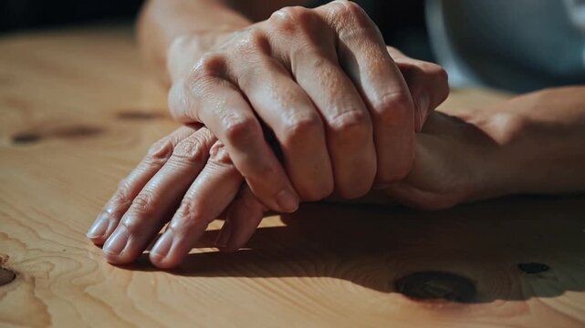 Sliding top hand forward, wrapping fingers around lower hand on wood table, short-sleeve for rest