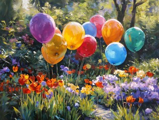 Colorful Balloons Float Above Vibrant Flowers in a Garden During Springtime
