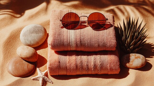 Towels, Stones, and Sunglasses Arranged on Sandy Beach During Sunny Day