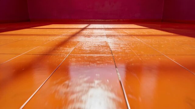 Camera dollying forward, sun sliding window patch and grid shadows across orange tiles for design