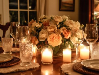 Obraz premium Dinner Table With Candles and Flowers Set for Evening Meal