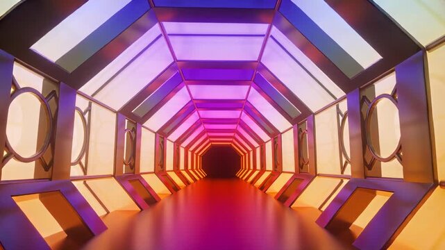 Camera starting dollying through octagonal corridor, showing lit panels, ring cutouts, adding depth