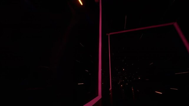 Lighting magenta frames causing camera panning forward-right in tunnel, showing gloss floor, sparks