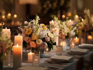 Naklejka premium Beautiful Flower Arrangements Decorate a Table for a Wedding Celebration in the Evening
