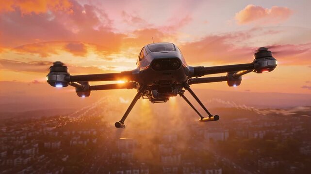 Capturing eVTOL aircraft approaching and descending over city at sunset, showing landing gear