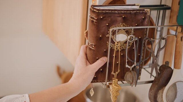Hand lifts ornate journal from rack warm kitchen, antique collector gesture reveals leather cover with brass ornament and dangling chains, close focus on trinket details, wooden cutting board and soft