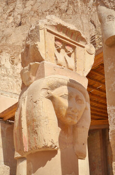 Hathorian column column in the mortuary temple of Hatshepsut  located opposite the city of Luxor, Egypt