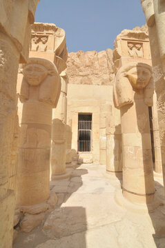 Hathorian column column in the mortuary temple of Hatshepsut  located opposite the city of Luxor, Egypt